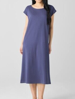Eileen Fisher Navy Organic Cotton Dress Small Ballet Neck Cap Sleeve Lounge